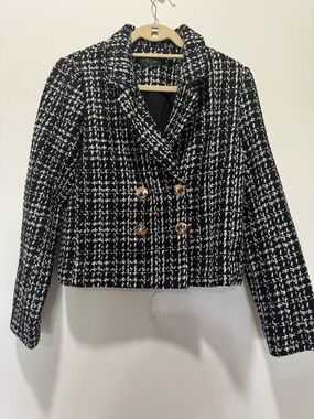 Laundry By Shelli Segal Black & White Tweed Double-Breasted Blazer | Size Large